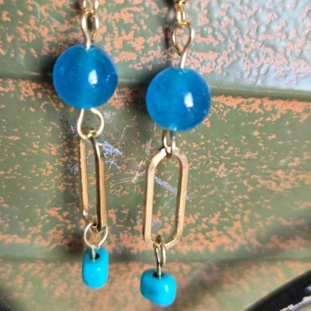 Blue Bead & Gold Link Dangle Earrings | One of a Kind | Upcycled Artisan Jewelry
